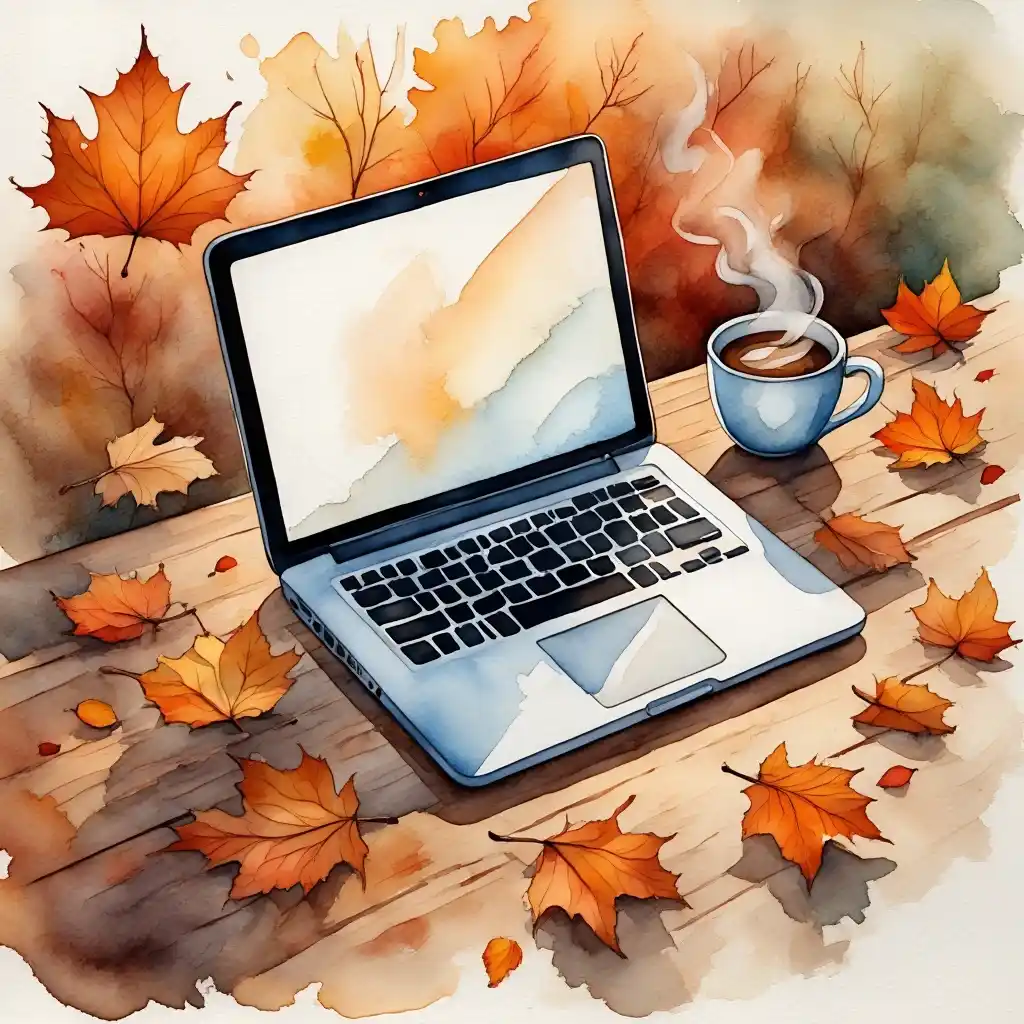 Ordinateur portable et tasse de café entourés de feuilles d’automne, symbolisant la création de sites web sur mesure