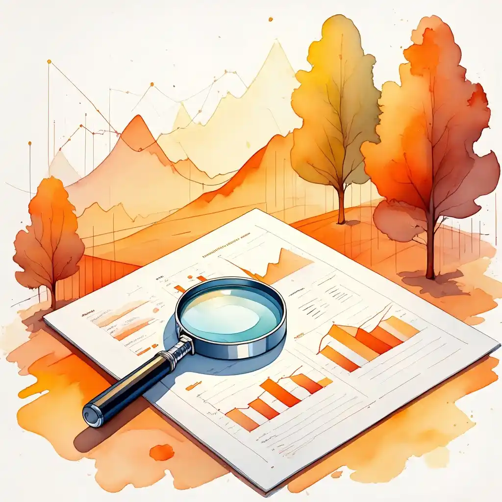 Loupe posée sur des graphiques d’analyse entourés d’un décor automnal, symbolisant le SEO stratégique