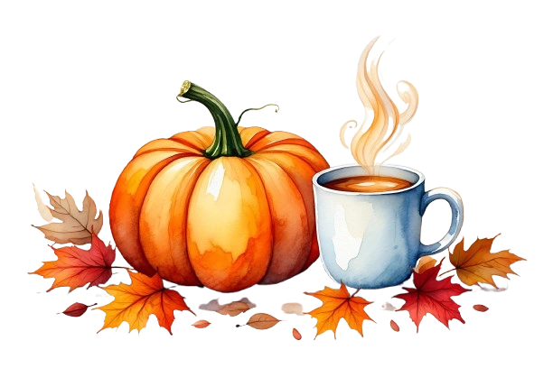 Citrouille d’automne et tasse de café fumant parmi des feuilles colorées