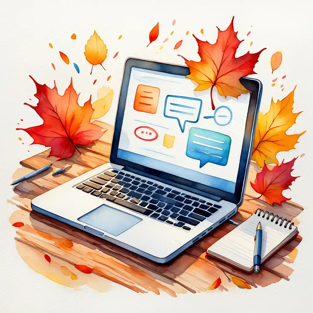 Ordinateur portable avec bulles de dialogue et feuilles d’automne