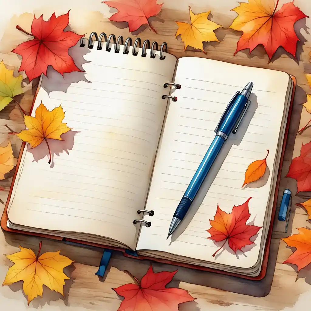 Carnet ouvert avec stylo et feuilles d’automne