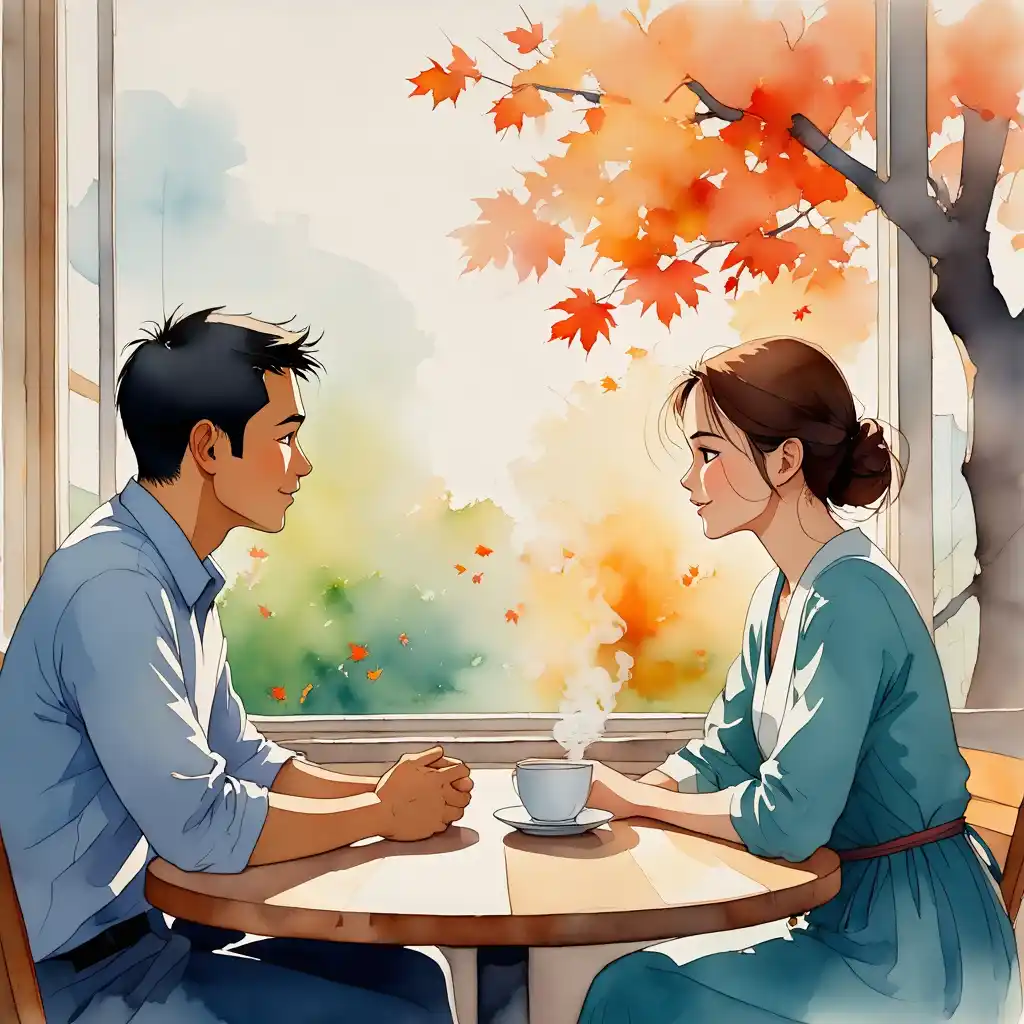 Illustration automnale de deux personnes en conversation autour d’un café, assises près d’une fenêtre avec des feuilles rouges et orange à l’extérieur