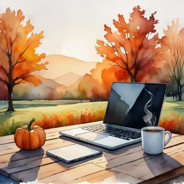 Bureau en bois en extérieur avec ordinateur portable, café fumant et petite citrouille, devant un paysage de montagnes et d’arbres aux couleurs d’automne.