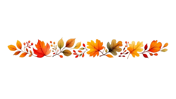 Illustration décorative de feuilles d’automne aquarellées, rouges, orange et vertes, en frise horizontale