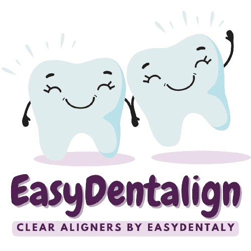 Logo EasyDentalign, aligneurs dentaires transparents avec deux dents souriantes.